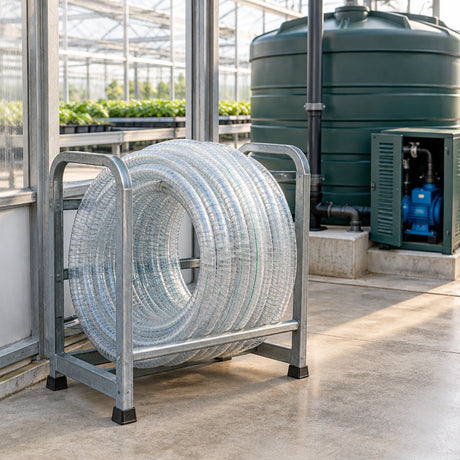 Berry clear reinforced suction hose coiled on a rack beside a greenhouse water-transfer pump area