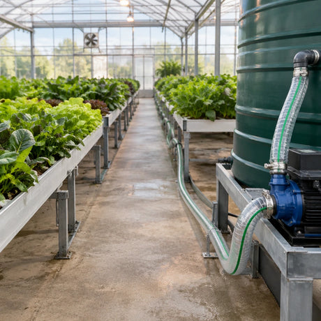 Organised greenhouse irrigation aisle with healthy crops and Berry clear reinforced suction hose beside the transfer pump