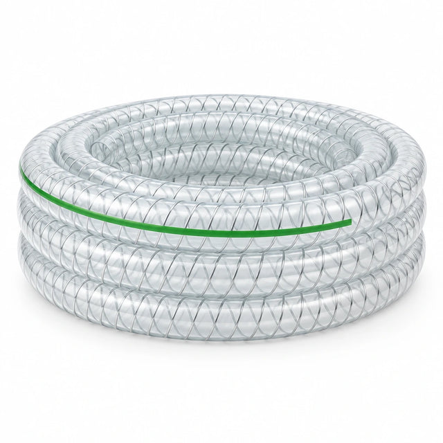 Berry clear PVC suction hose with visible steel spiral reinforcement and green stripe on white background