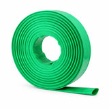 Green Berry Mermaid layflat PVC water discharge hose coiled on a white background with its open end visible.