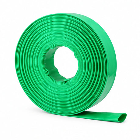 Green Berry Mermaid layflat PVC water discharge hose coiled on a white background with its open end visible.