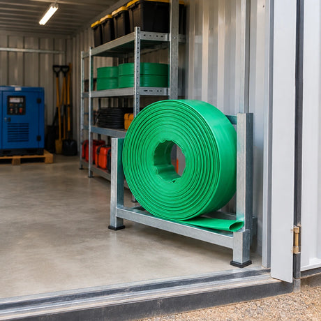 Coiled green layflat PVC discharge hose stored on a rack in an organised construction equipment bay.