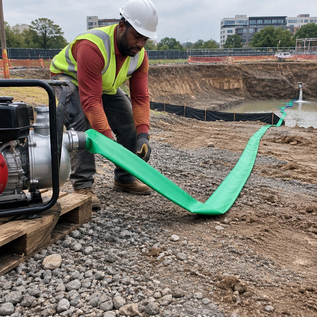 Construction operator routing a green Berry Mermaid layflat PVC hose from a compatible pump across an excavation for dewatering.
