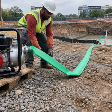 Construction operator routing a green Berry Mermaid layflat PVC hose from a compatible pump across an excavation for dewatering.