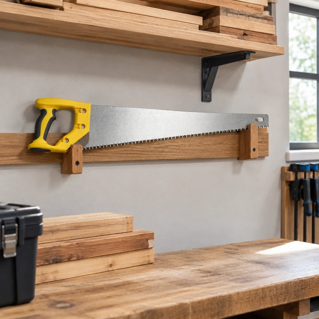 Bwin yellow-handled handsaw stored in a long-tool rack in an organised carpentry workshop