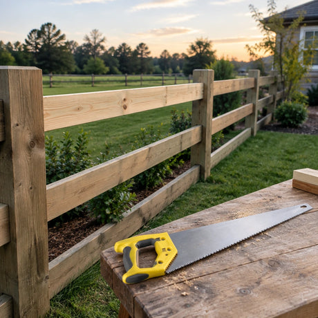 Completed timber fence repair with a Bwin manual handsaw resting on a nearby workbench