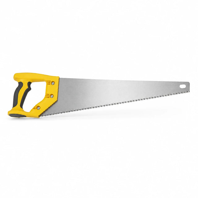 Bwin manual handsaw with yellow plastic handle and straight toothed steel blade on white background