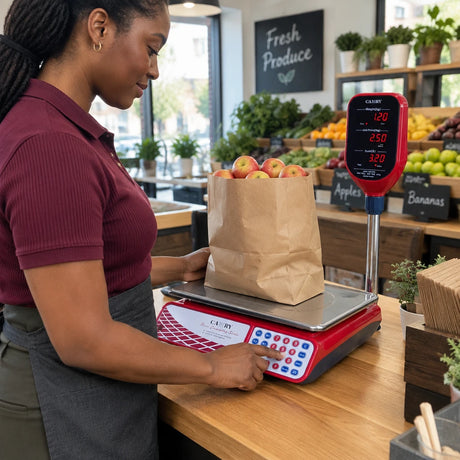 Retail clerk using the Camry ACS-JE11B digital scale to weigh a bag of apples and enter the unit price at a produce counter.