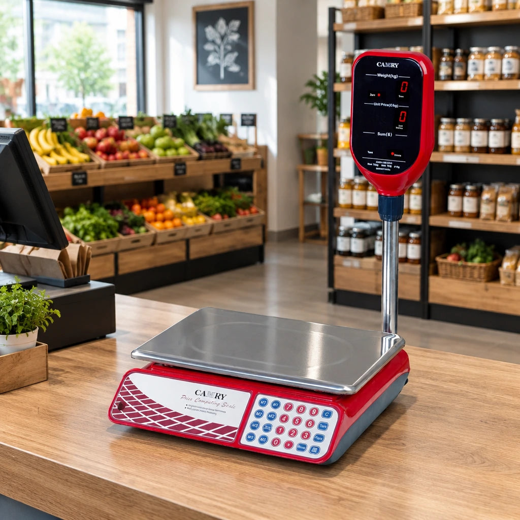 Camry 30kg digital price-computing scale resting on a clean grocery counter with its elevated display facing customers.