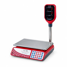Camry ACS-JE11B 30kg red digital price-computing scale with stainless platform and elevated pole display on white background.