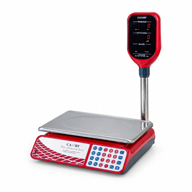 Camry ACS-JE11B 30kg red digital price-computing scale with stainless platform and elevated pole display on white background.