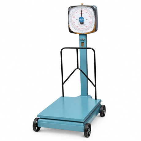 Camry blue heavy-duty analogue platform scale with upright dial, safety rails and transport wheels on a white background