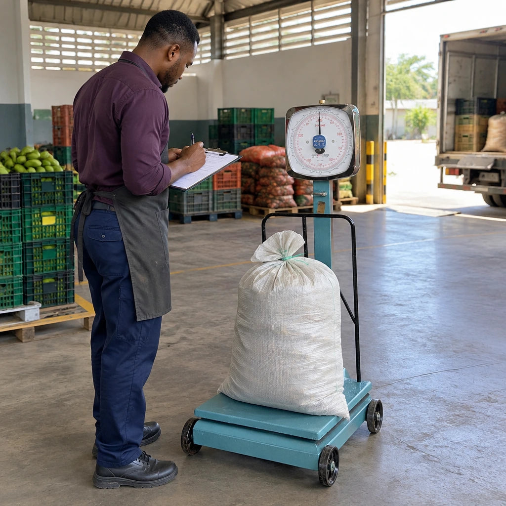 African American receiving clerk weighing a sealed produce sack on a Camry mechanical platform scale in a produce shed