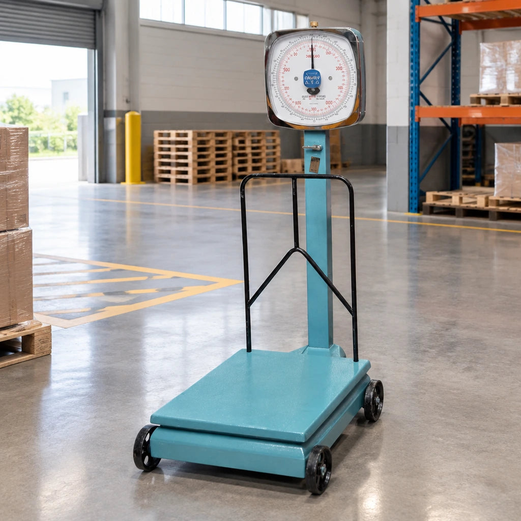 Camry mechanical platform scale parked in an organised warehouse receiving bay beside an empty weighing area
