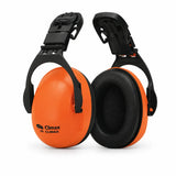 Climax 16-P black and orange helmet-mounted safety earmuff with pivoting padded ear cups on white background