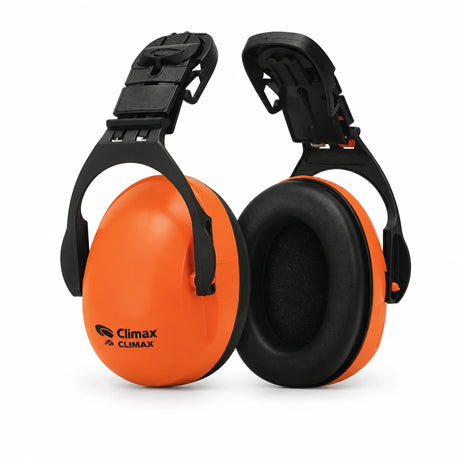 Climax 16-P black and orange helmet-mounted safety earmuff with pivoting padded ear cups on white background