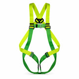 Climax 26-N full-body fall-arrest safety harness with green and yellow-green adjustable webbing on white background