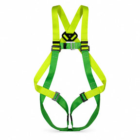 Climax 26-N full-body fall-arrest safety harness with green and yellow-green adjustable webbing on white background