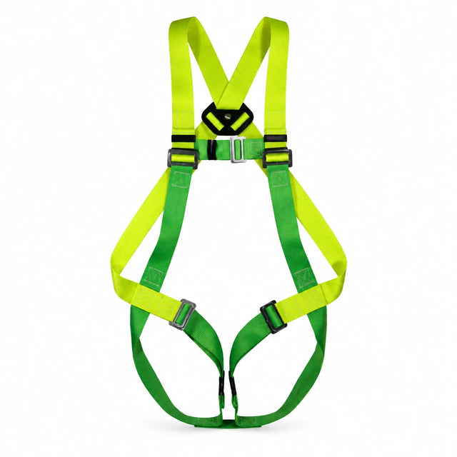 Climax 26-N full-body fall-arrest safety harness with green and yellow-green adjustable webbing on white background