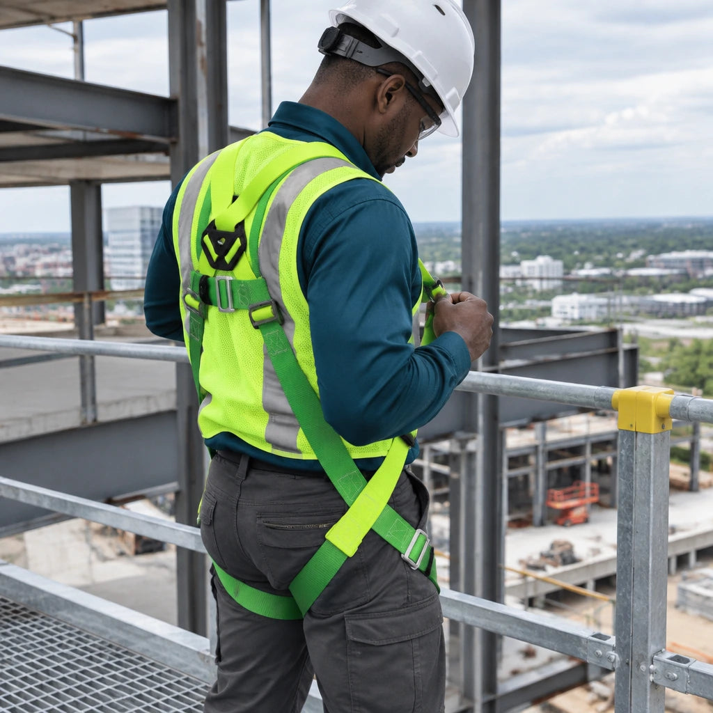 African American construction inspector checking the Climax 26-N harness fit on a guarded structural access landing