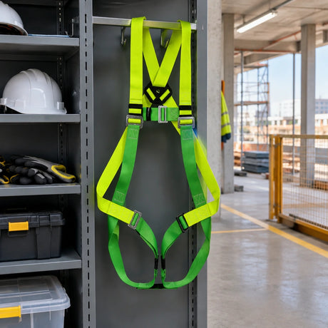 Climax 26-N fall-arrest harness stored on a PPE rack in an organised commercial construction access area