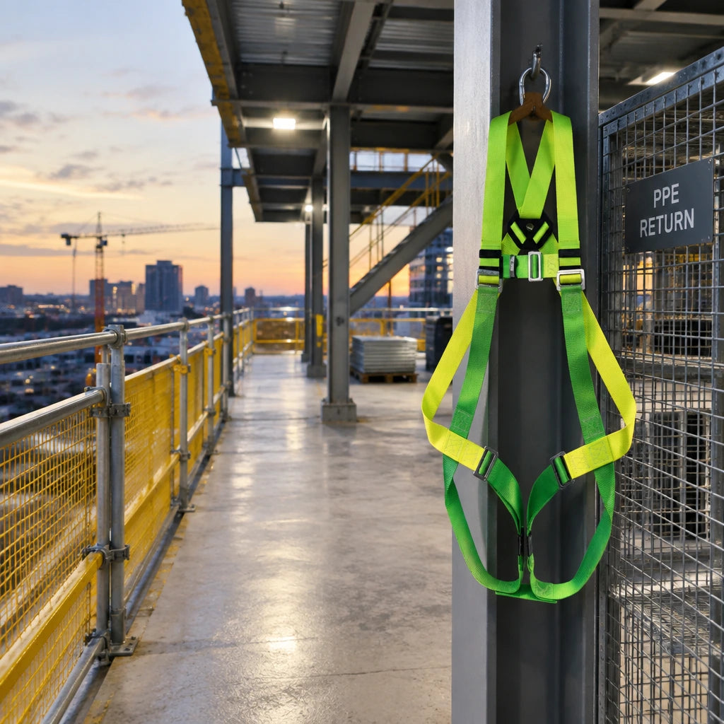 Climax 26-N safety harness resting at a PPE station beside a completed guarded construction access route