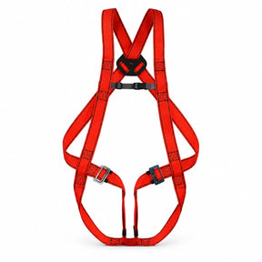 Climax CLI-28-N red single-point fall-arrest harness with adjustable buckles and dorsal steel attachment point on a white background.