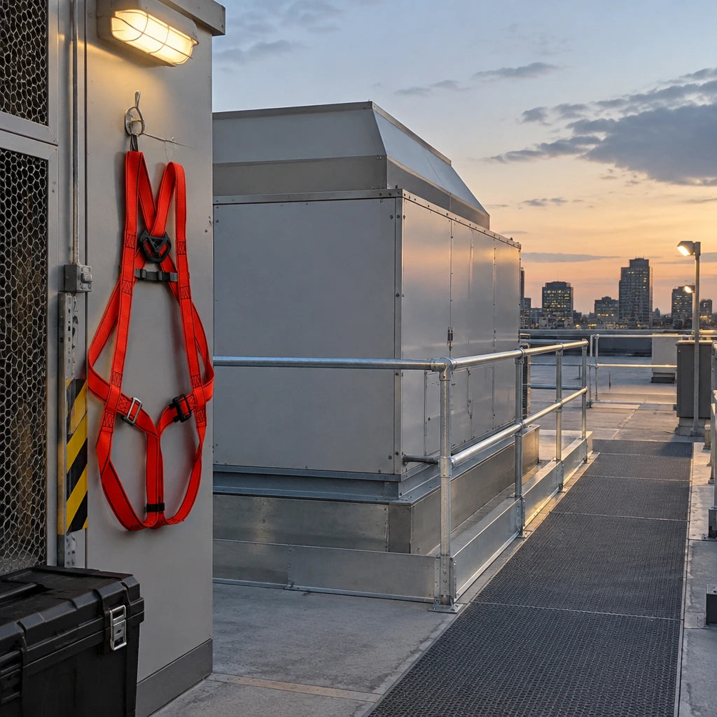 Completed commercial rooftop maintenance area with a red Climax CLI-28-N harness resting at the organised PPE station.