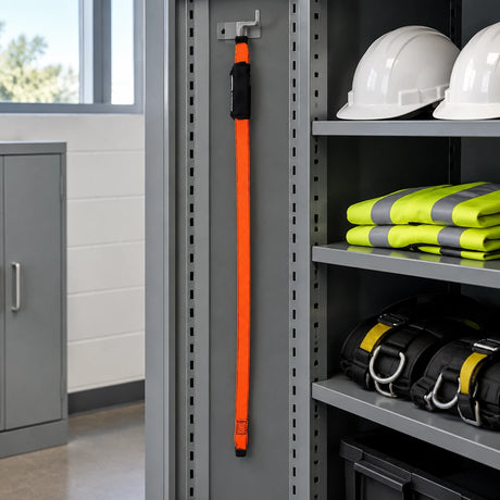 Climax orange fall-arrest lanyard stored on a dedicated hook in an organised commercial PPE equipment room