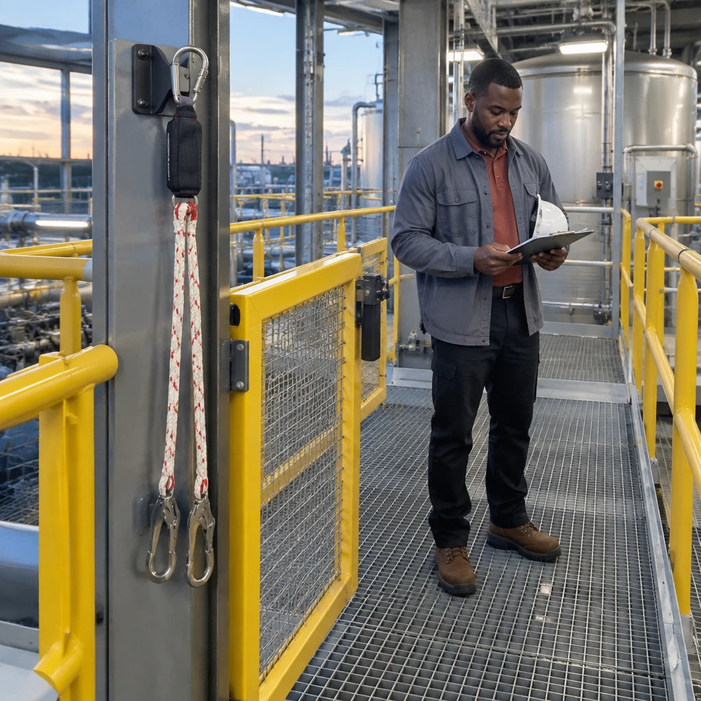 Completed industrial access inspection route with a Climax CLI-35-A lanyard resting on the PPE hook