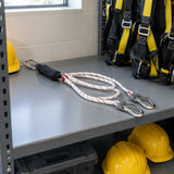 Climax CLI-35-A twin-leg fall-arrest lanyard stored on a clean industrial PPE shelf
