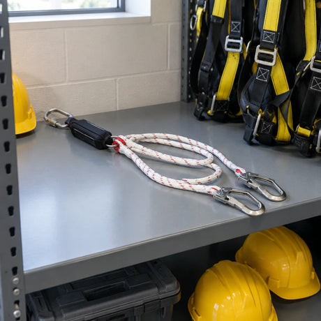 Climax CLI-35-A twin-leg fall-arrest lanyard stored on a clean industrial PPE shelf