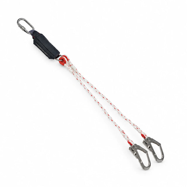 Climax CLI-35-A double-leg energy-absorbing lanyard with black absorber, twin rope legs and two metal hooks on white
