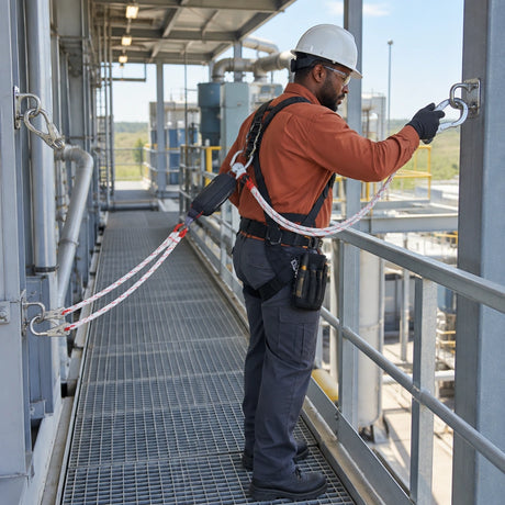 African American maintenance inspector using a Climax CLI-35-A twin-leg lanyard to stay continuously attached between elevated anchor points