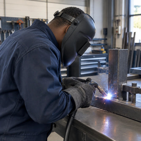African American welder wearing a Climax 405-CPA helmet while welding a supported steel frame joint