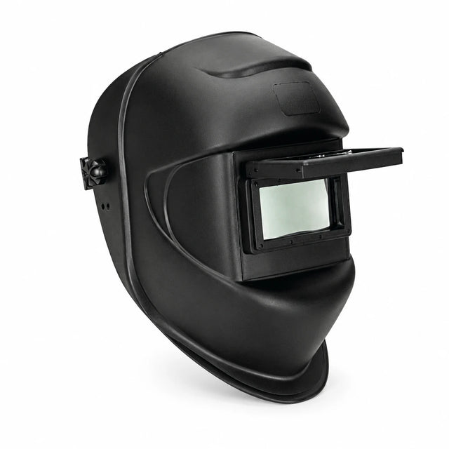 Climax 405-CPA black flip-front welding helmet with rectangular 110 by 55 millimeter lens on white background