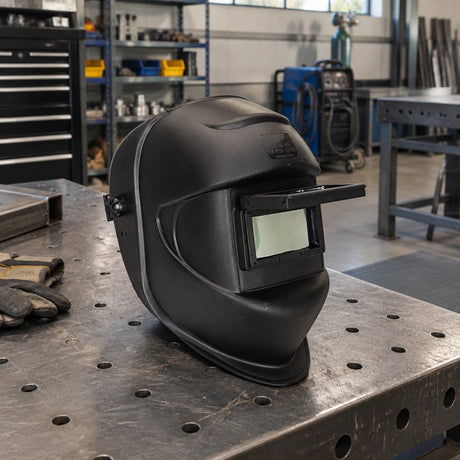 Climax 405-CPA welding helmet resting on an organised fabrication workbench before welding