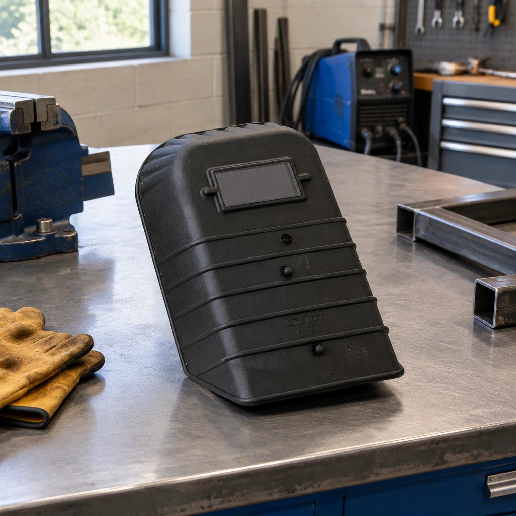 Climax 410-I handheld welding shield resting on a metal fabrication workbench