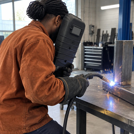 African American welder using a Climax 410-I handheld shield during a short steel-joint weld