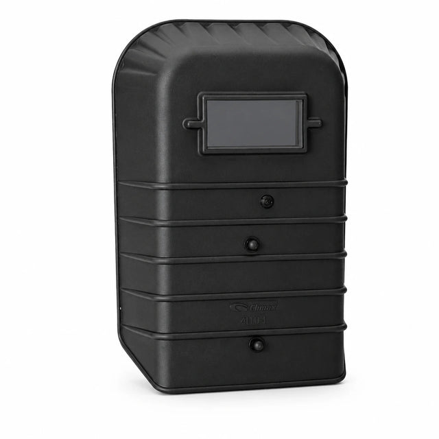 Climax 410-I black handheld welding shield with fixed lens holder on a white background