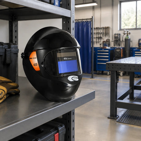 Climax 420 welding helmet resting on a PPE shelf in an organised metal fabrication workshop