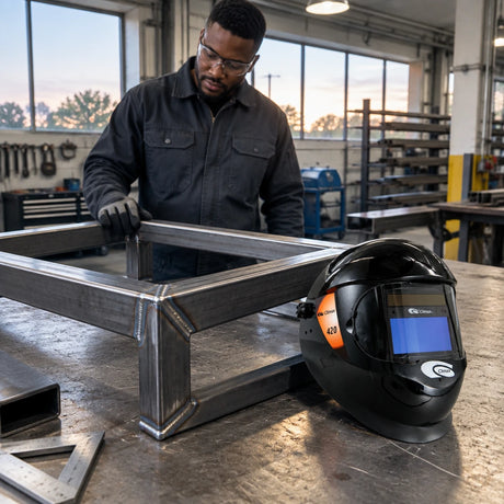 Completed welded steel frame ready for inspection beside a Climax 420 welding helmet