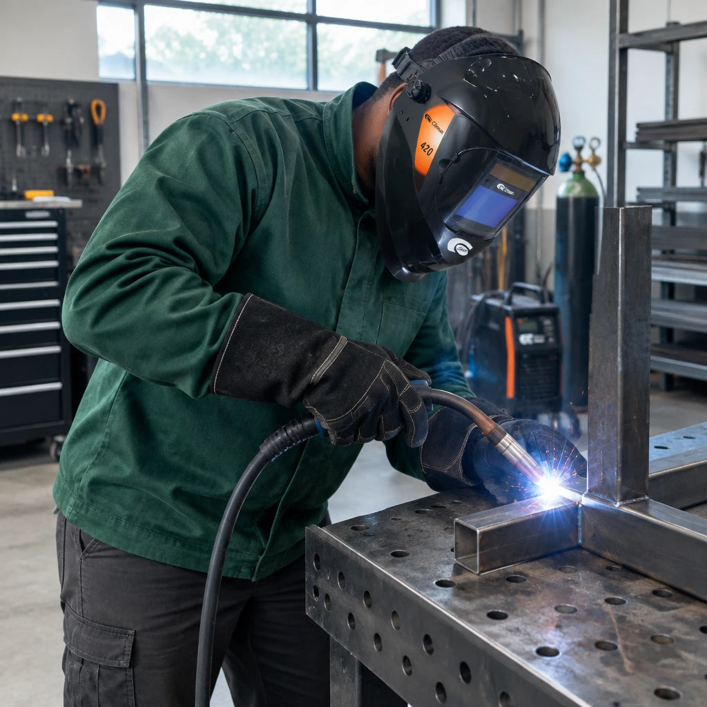 African American welder wearing a Climax 420 auto-darkening helmet while MIG welding a steel frame joint