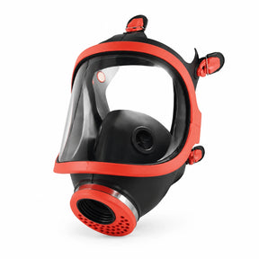 Climax CLI-731-C black and red Class 3 full-face respirator mask with panoramic visor and threaded filter port on white background