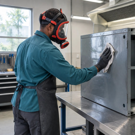African American industrial coating technician wearing a Climax CLI-731-C full-face respirator while preparing a metal enclosure