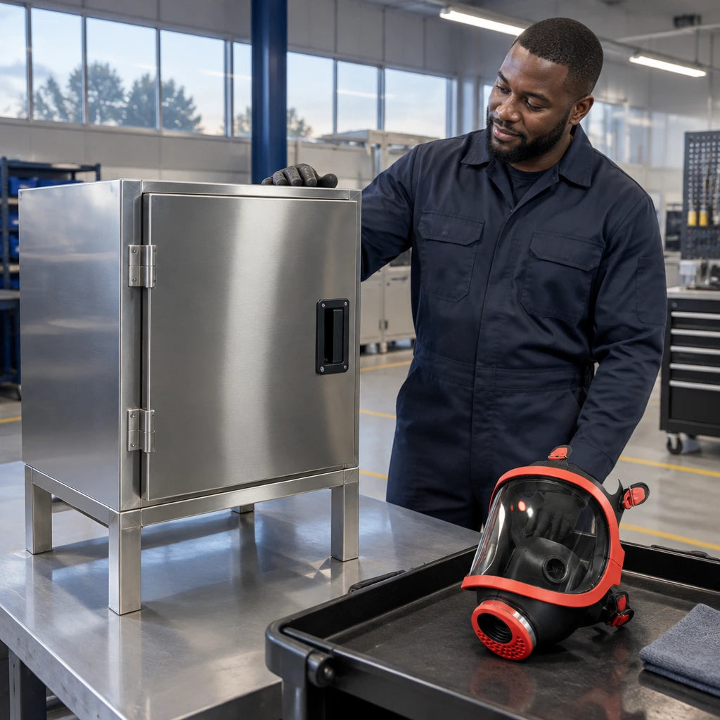 Prepared metal equipment enclosure ready for inspection with a Climax CLI-731-C respirator resting nearby