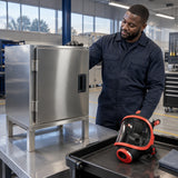 Prepared metal equipment enclosure ready for inspection with a Climax CLI-731-C respirator resting nearby