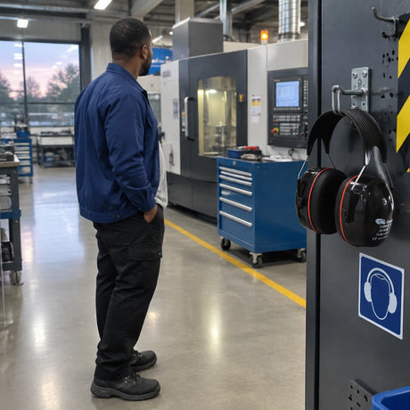 Completed manufacturing equipment area with a Climax CLI-14-N safety earmuff resting on a PPE hook after use