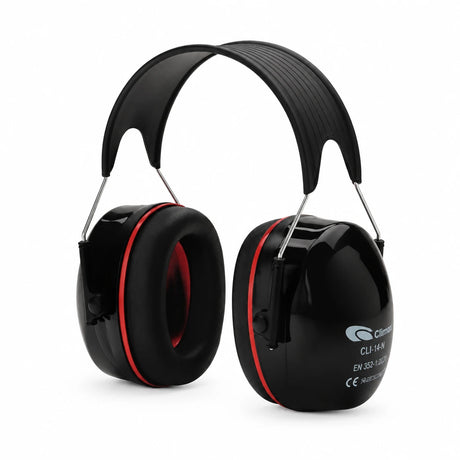 Climax CLI-14-N adjustable black safety earmuff with red-accented ear cups and 28dB noise reduction on white background