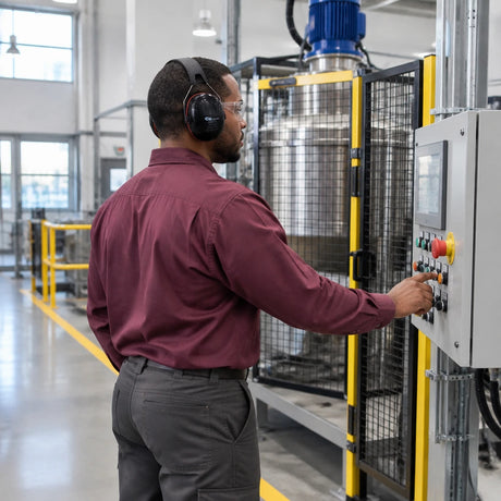 African American equipment technician wearing a Climax CLI-14-N safety earmuff while monitoring a stationary industrial mixer
